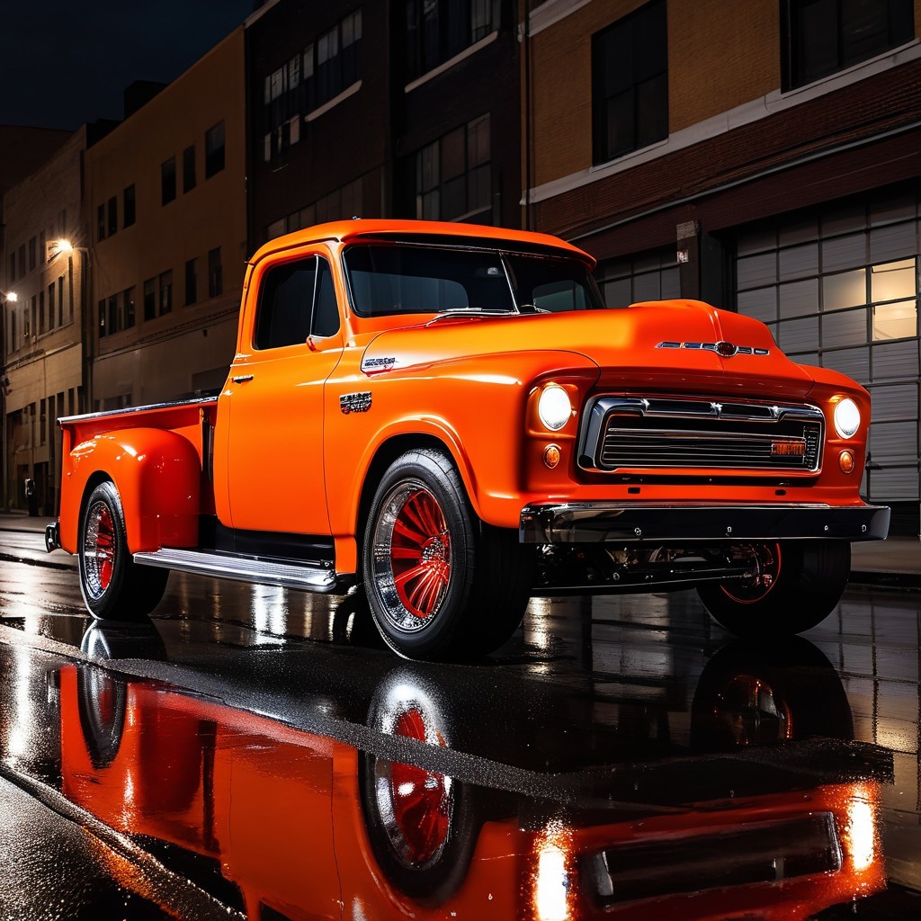 Vibrant Orange Classic Pickup Truck in Urban Setting