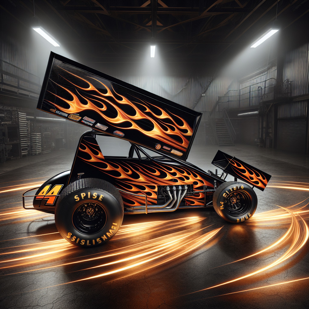 Sleek Sprint Car with Flame Graphics in Garage Setting