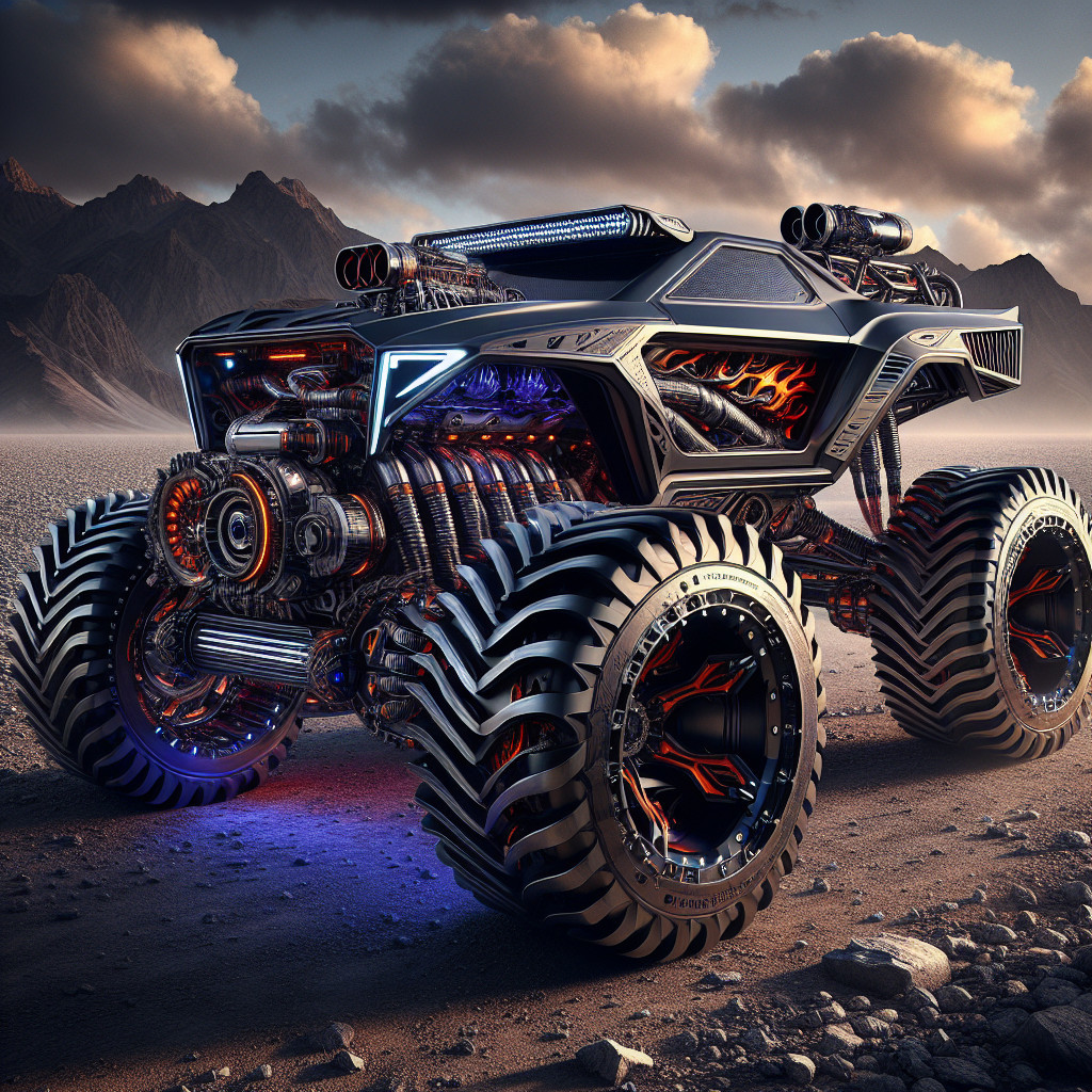 Futuristic monster truck in a rugged mountain setting