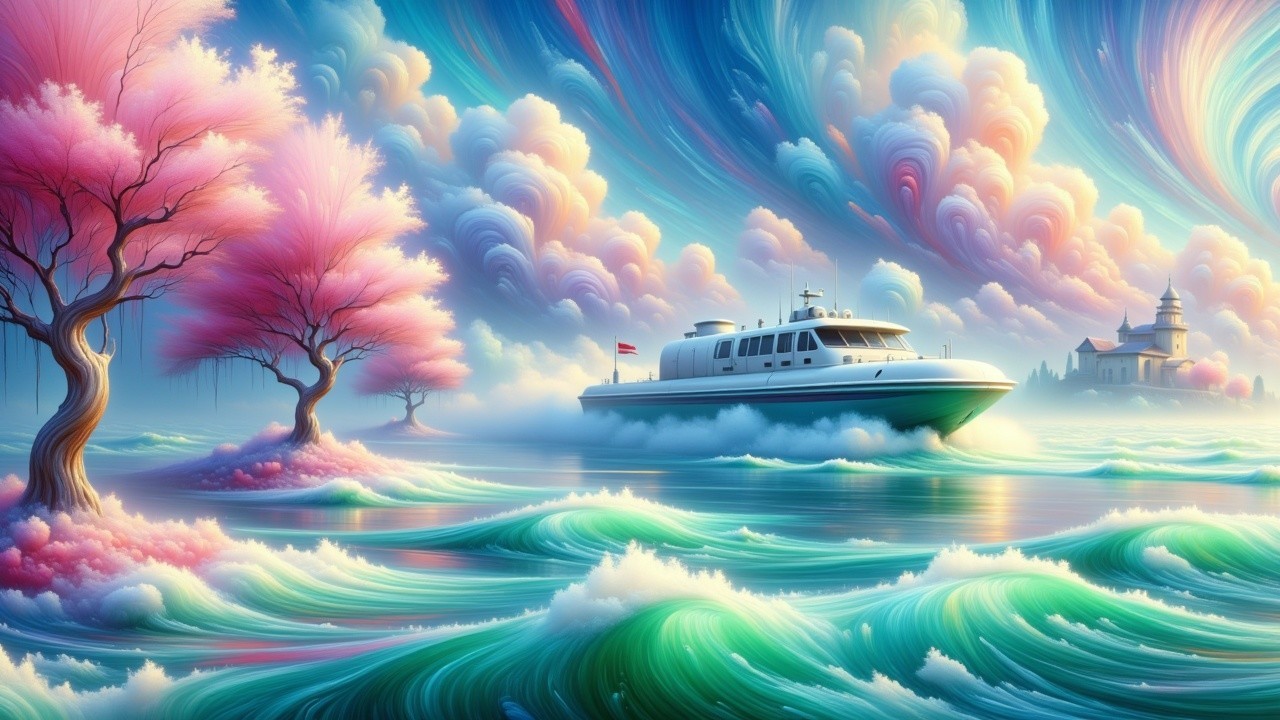 Vibrant seascape with boat, colorful waves, and church