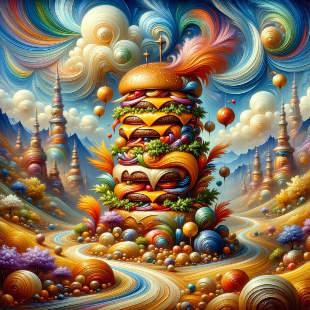 Whimsical Landscape with Colorful Burger and Balloons