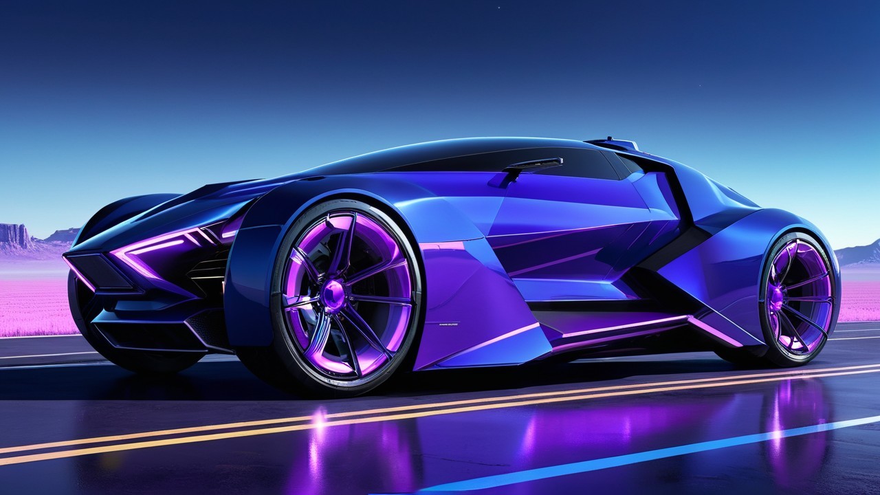 Futuristic sports car with sleek design and sunset backdrop