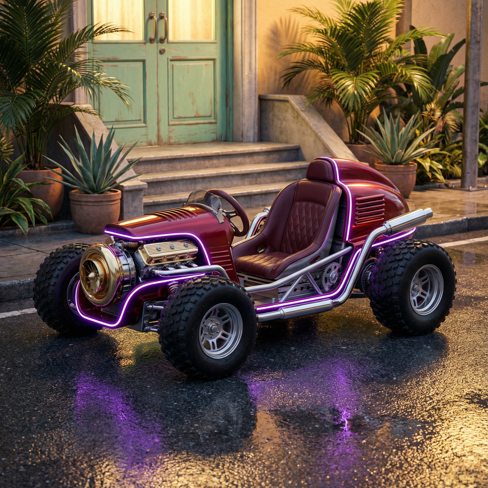 Custom-Built Maroon Low Rider Dragster at Night