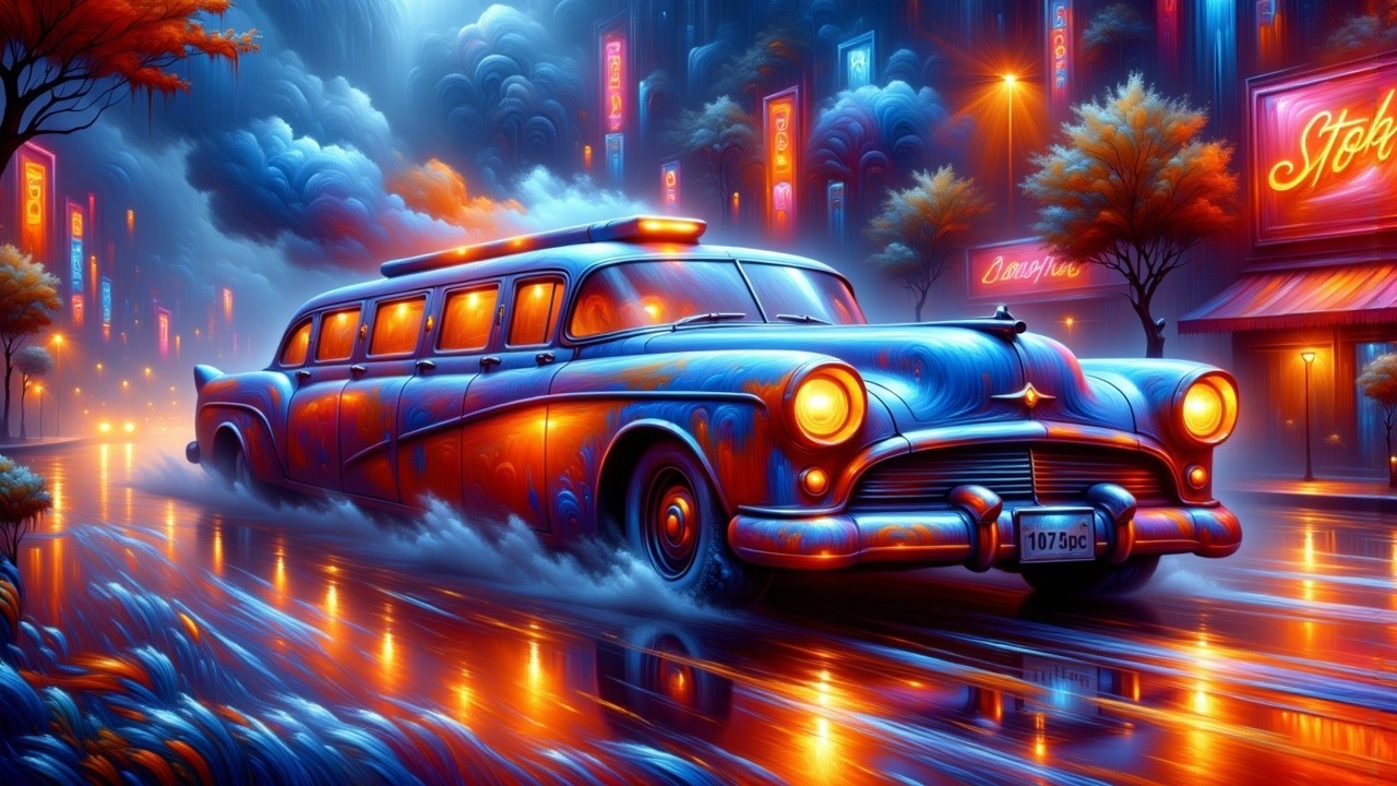 Vibrant Retro Limousine in Rainy Night City Scene