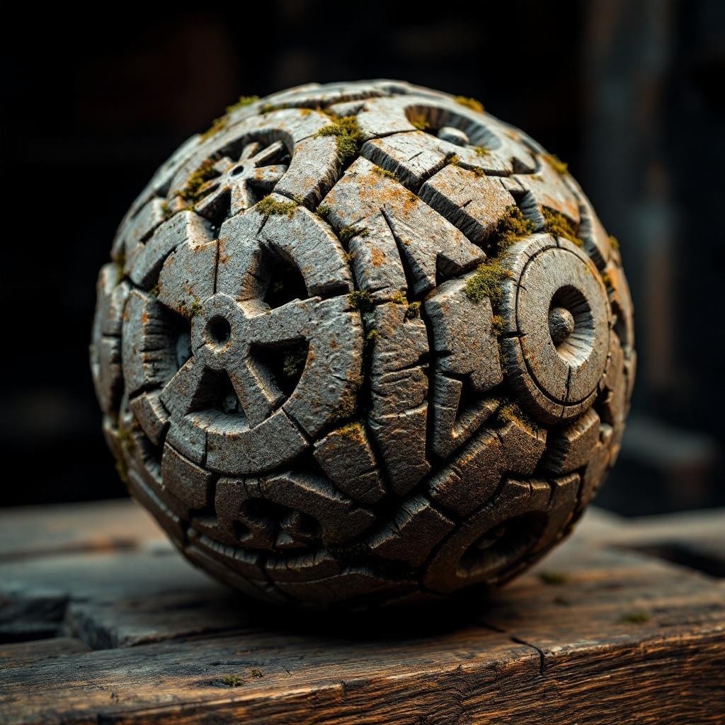 Weathered Stone Sphere with Geometric Patterns and Moss