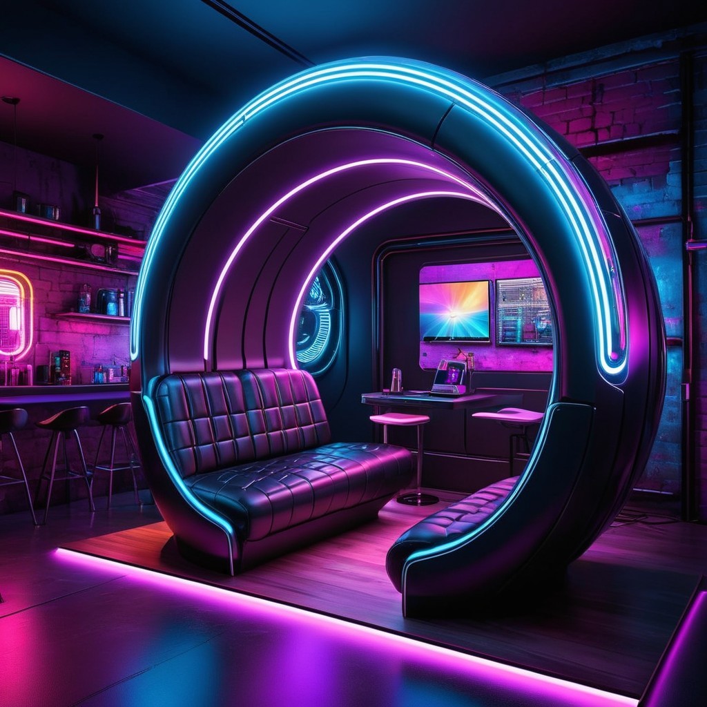 Futuristic lounge with neon-lit seating and tech design