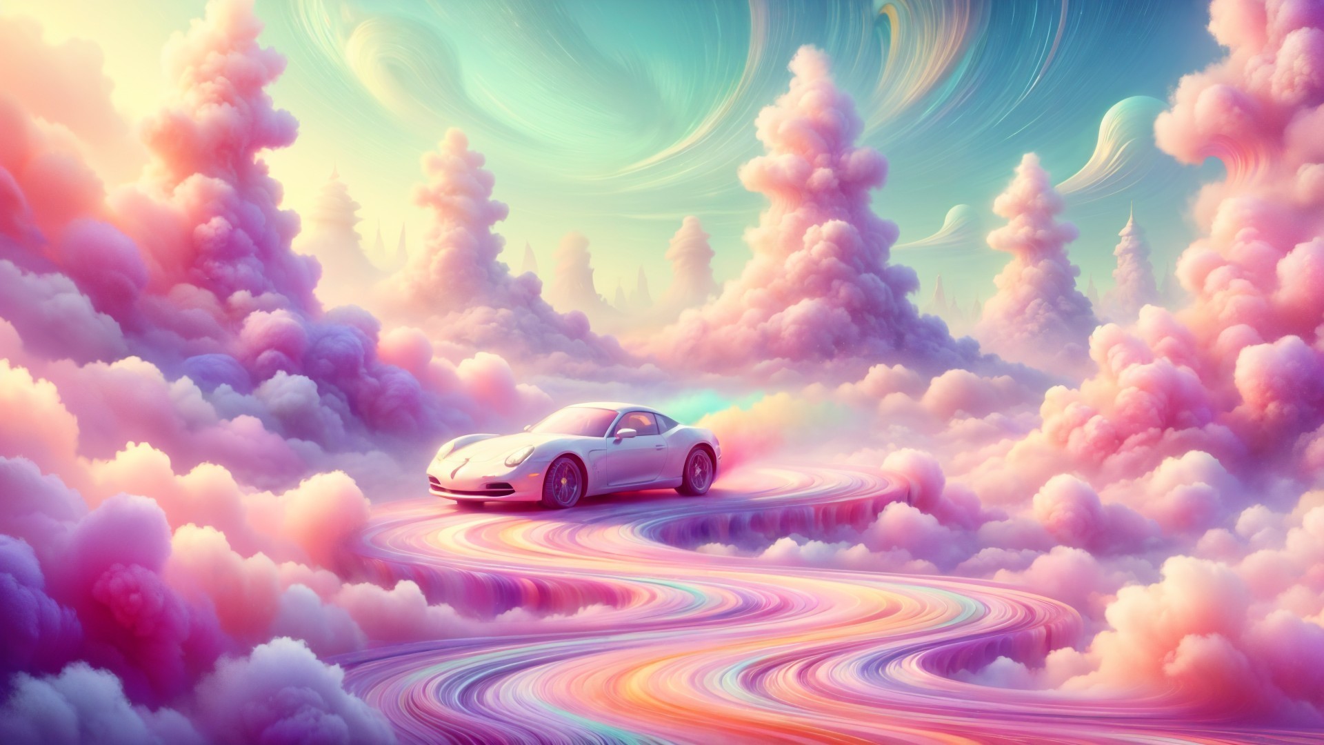 Sleek White Car on Colorful Winding Road in Dreamscape