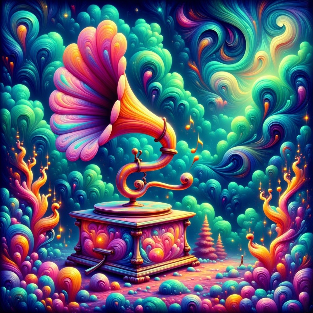 Surreal Scene with Ornate Gramophone and Colorful Clouds