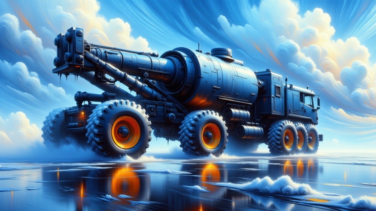 Futuristic Heavy-Duty Vehicle on Reflective Ice Surface