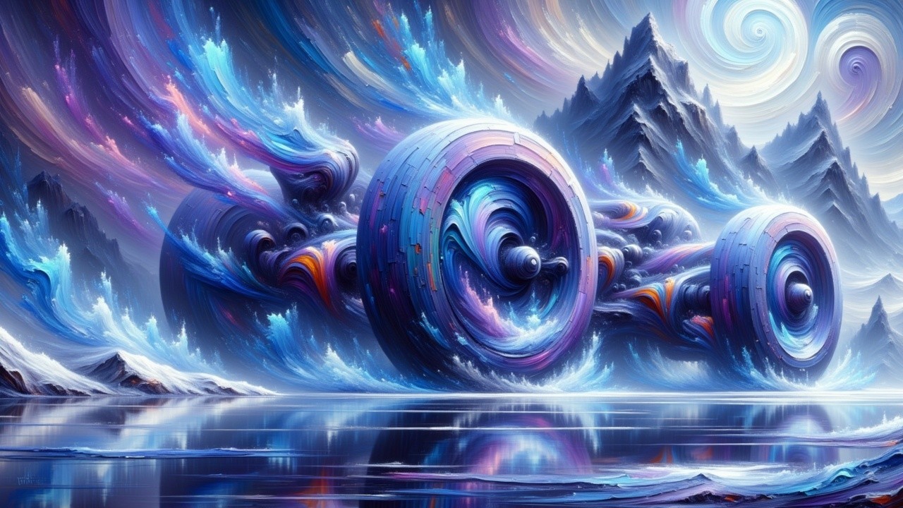 Surreal landscape with colorful wheels by a lake