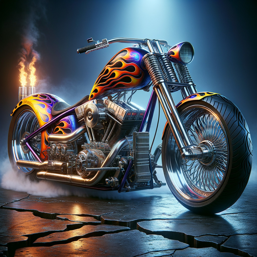 Custom Chopper Motorcycle with Iridescent Flame Design