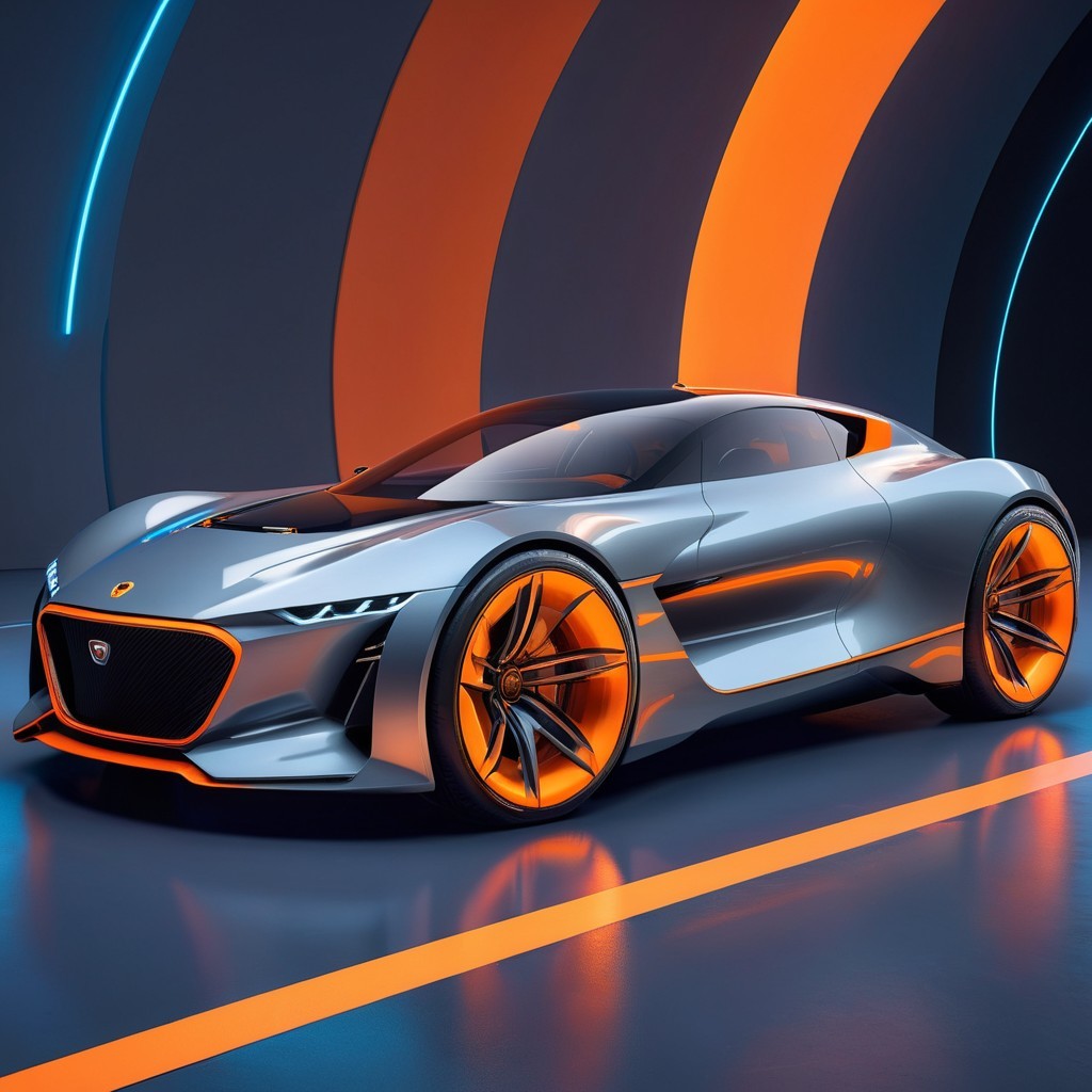 Futuristic Metallic Silver Car with Orange Accents