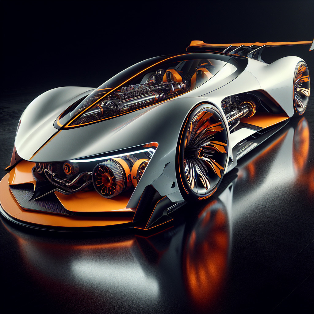 Futuristic silver and orange hypercar with transparent cockpit