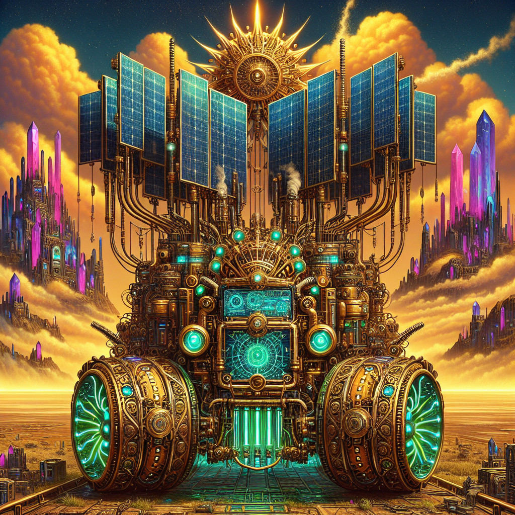 Retro-futuristic vehicle with glowing accents and solar panels