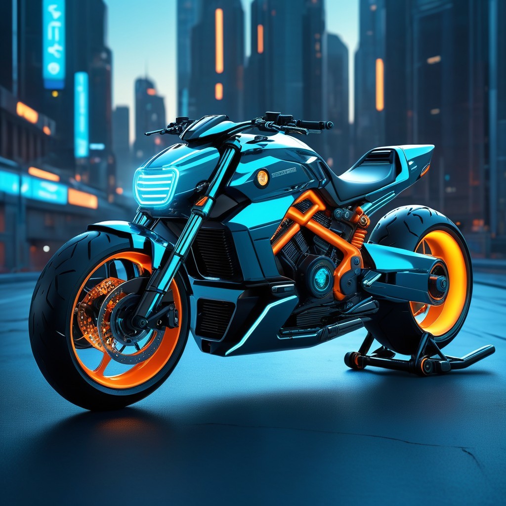 Futuristic Motorcycle with Vibrant Cityscape Background