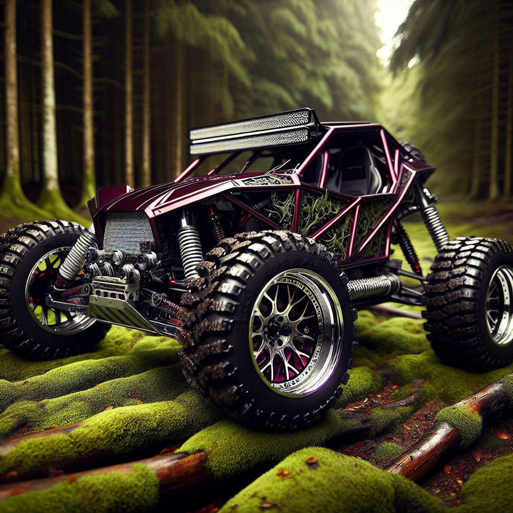 Maroon and Black Off-Road Vehicle in Forest Setting