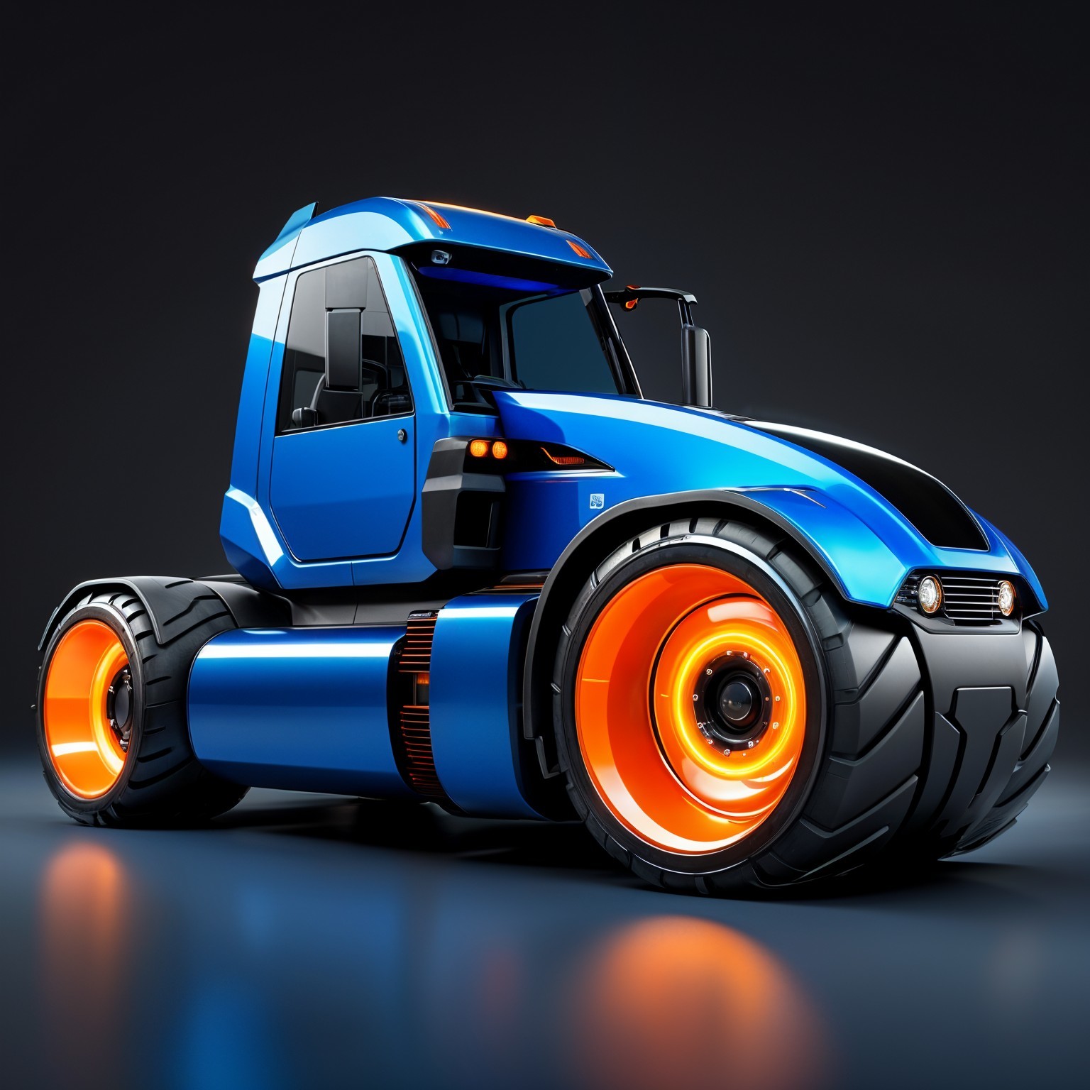 Futuristic Blue Tractor with Orange-Highlighted Wheels