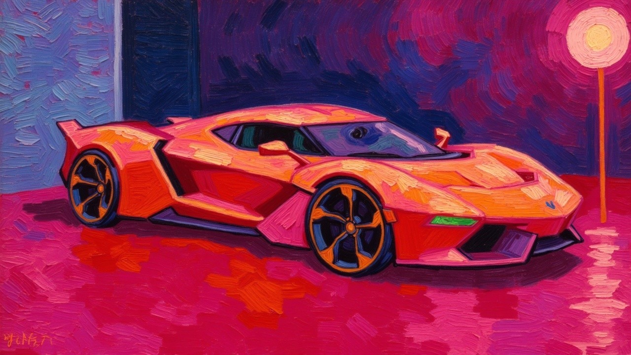 Vibrant Painting of Orange Sports Car in Colorful Setting