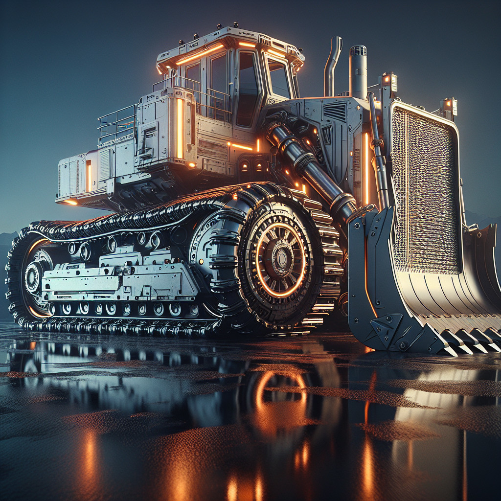 Futuristic bulldozer with neon lights and chrome plating
