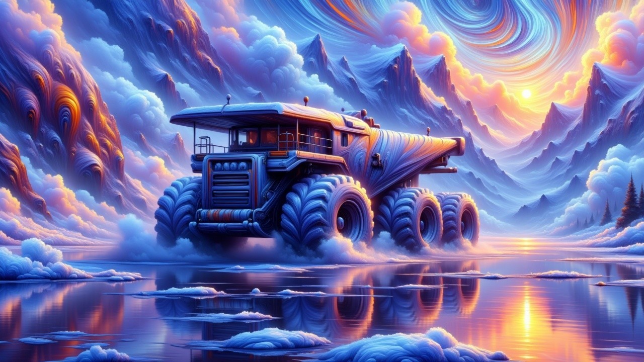 Surreal Landscape with Futuristic Vehicle at Sunset