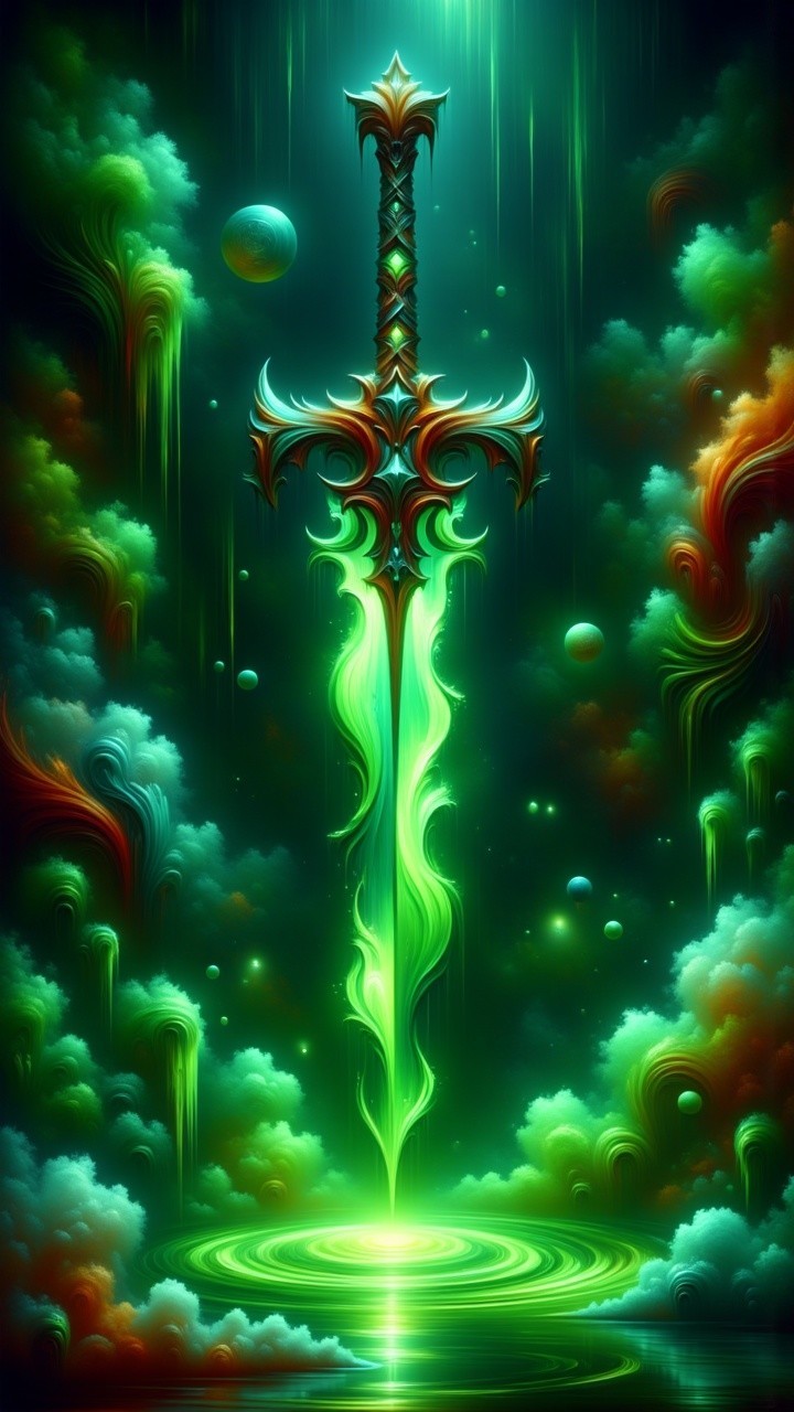 Mystical Sword Surrounded by Vibrant Green Flames