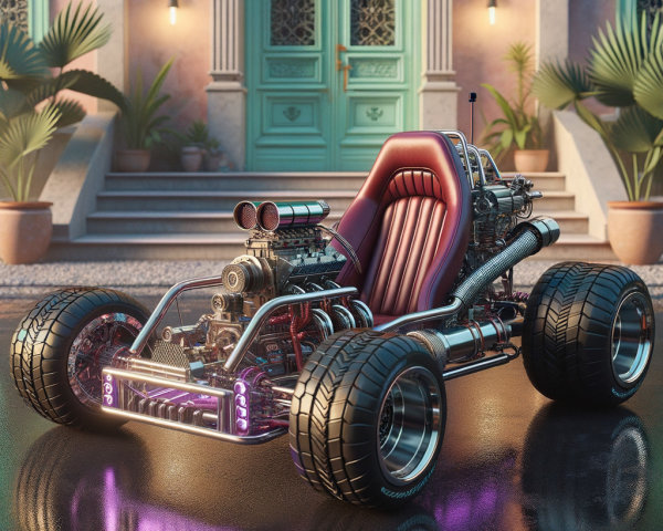 Futuristic red go-kart with chrome details and neon glow