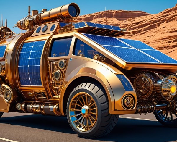 Futuristic Steampunk Vehicle in Desert Landscape