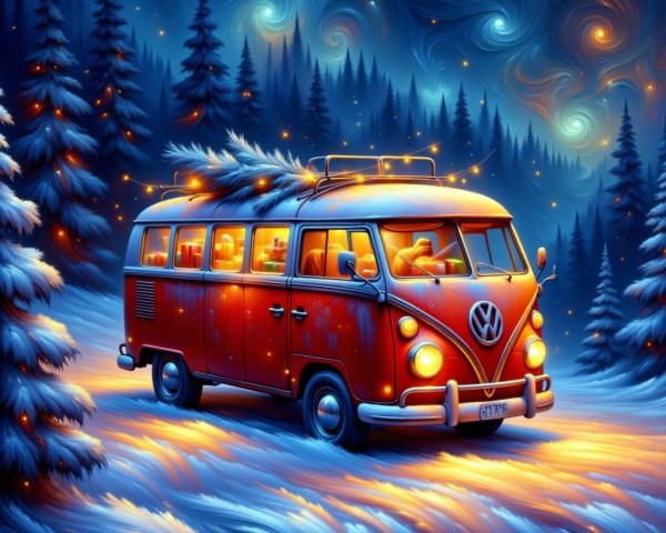 Vintage Volkswagen Camper Van in Snowy Forest Night