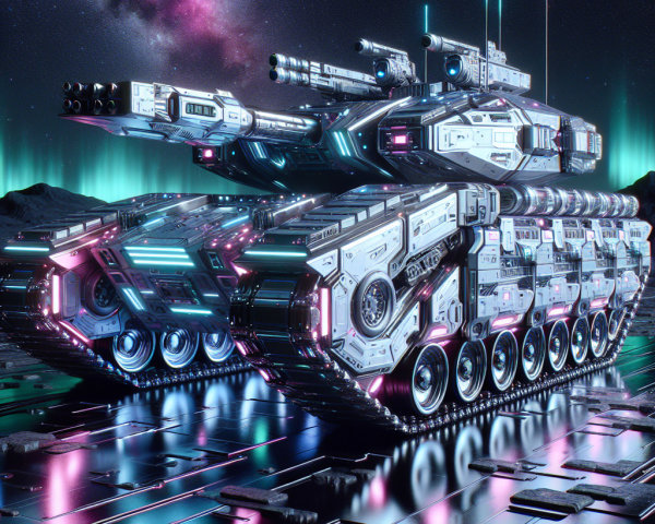 Futuristic sci-fi tank with neon lights and nebula sky