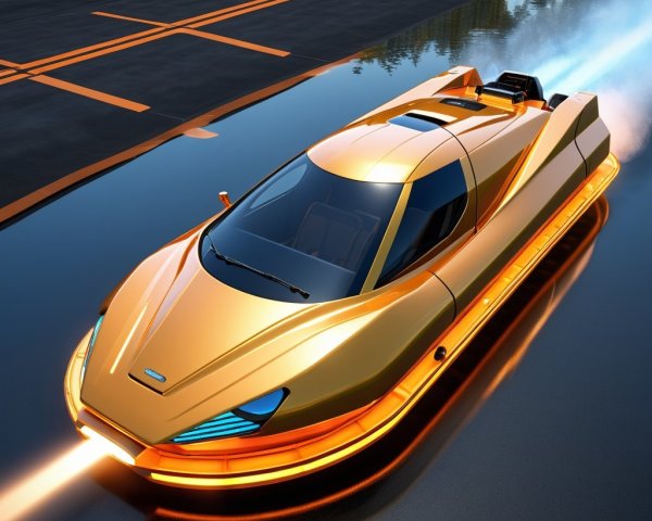 Futuristic hovercraft with golden exterior and lights