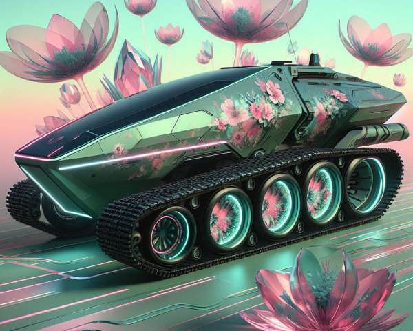 Futuristic teal and green tank with pink accents and flowers