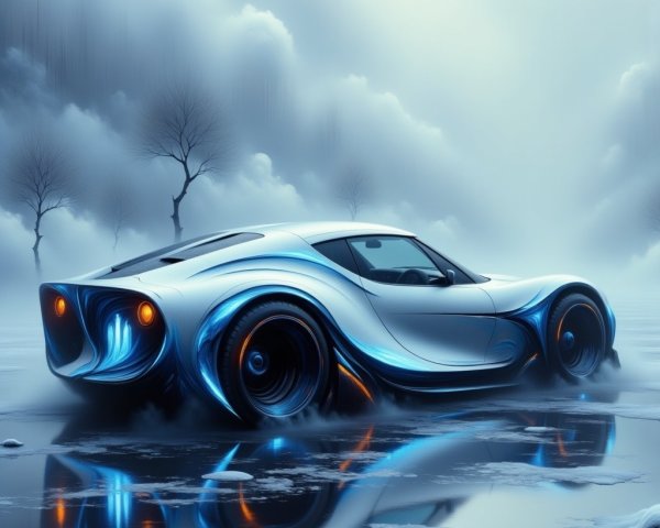 Futuristic Silver Sports Car on Icy Surface with Fog