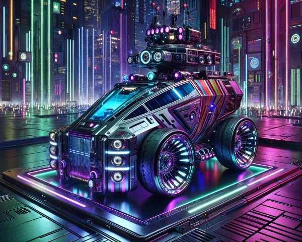 Futuristic Armored Vehicle in Neon Cityscape