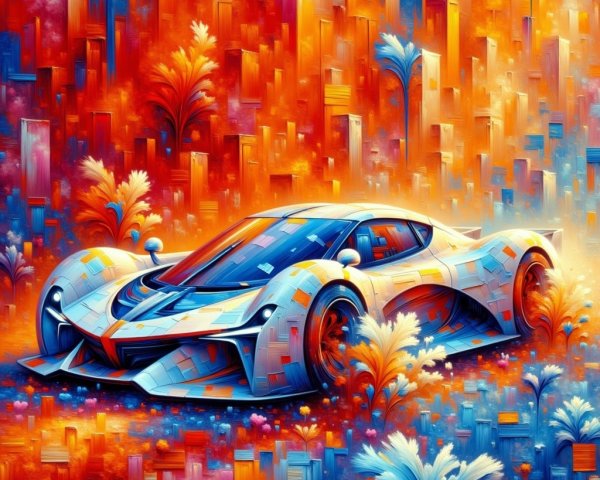 Futuristic Sports Car with Abstract Floral Background