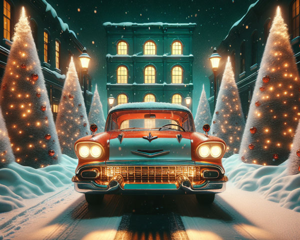 Vintage Red Car in Snowy Christmas Scene