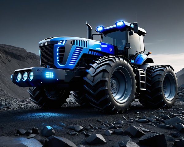 Futuristic Blue Tractor on Rugged Terrain with LED Lights
