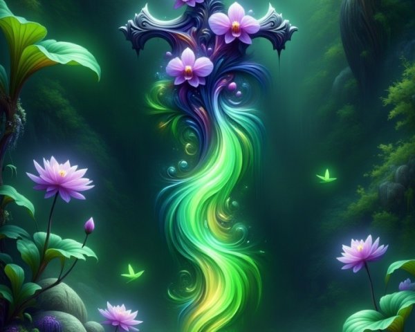 Ornate Cross in Mystical Forest Pond with Flowers