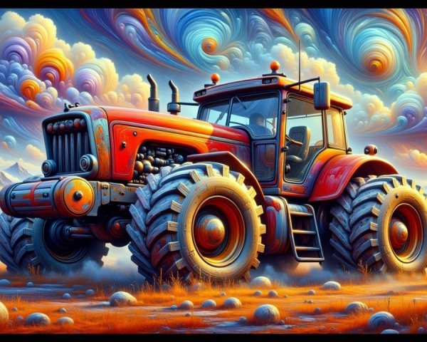 Surreal Landscape with Red Tractor and Vivid Clouds