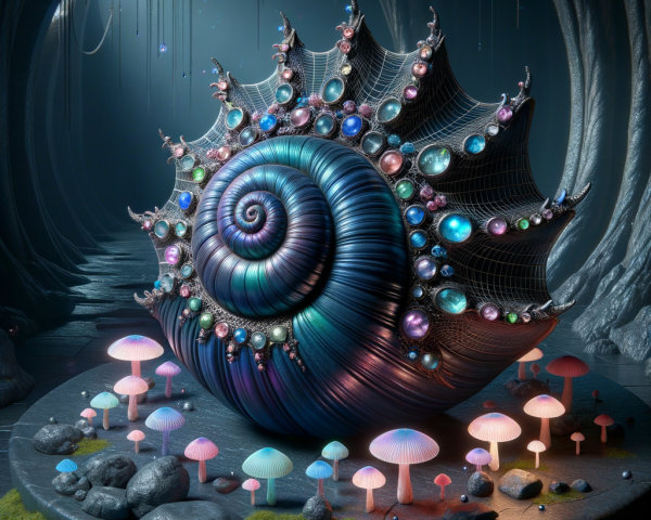 Iridescent Spiral Seashell with Gemstones and Mushrooms