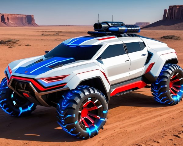 Futuristic Rugged SUV in Desert Landscape with Turret