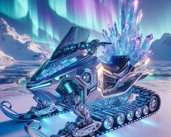 Futuristic Snowmobile in Icy Landscape Under Aurora