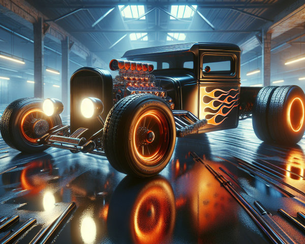 Futuristic Black Hot Rod with Orange Flames in Garage