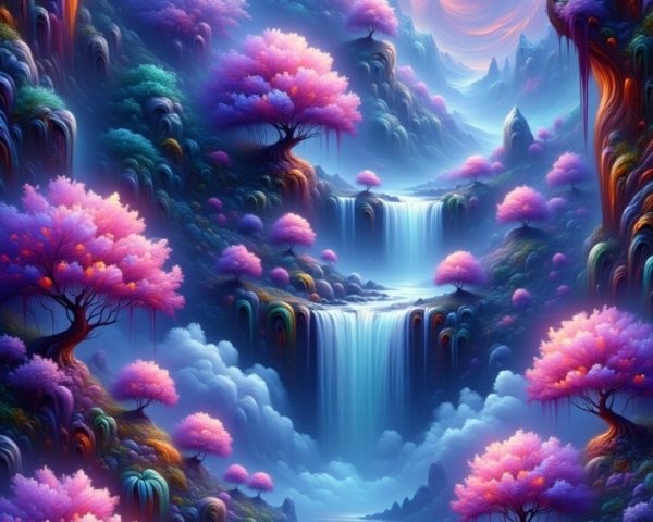 Vibrant Fantasy Landscape with Waterfall and Castle