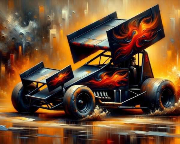 Vibrant Sprint Car with Flame Graphics and Smoky Backdrop