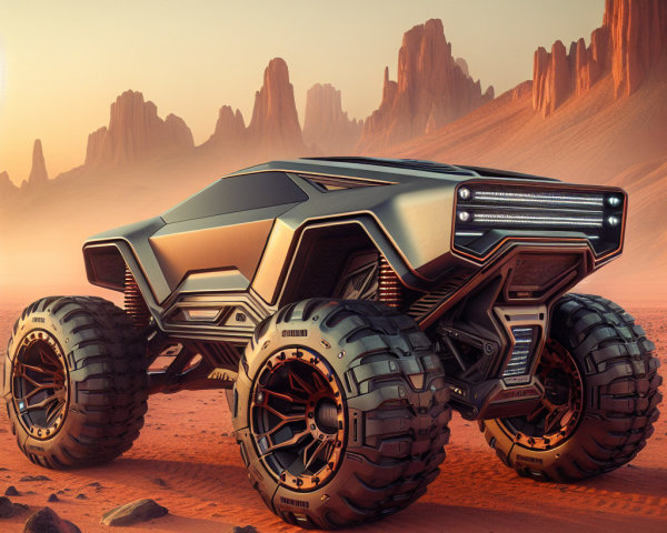 Futuristic all-terrain vehicle in red desert landscape