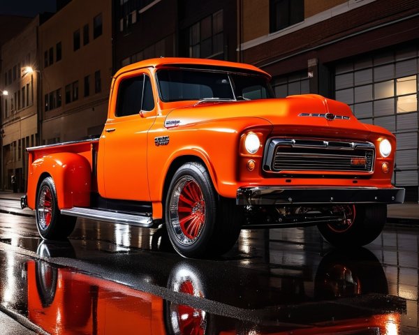 Vibrant Orange Classic Pickup Truck in Urban Setting