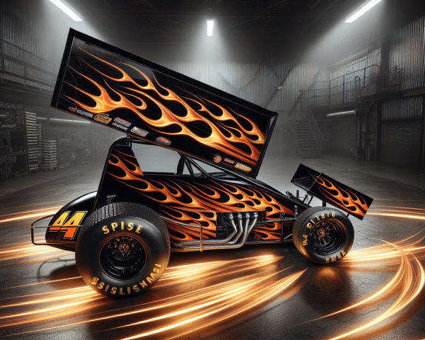 Sleek Sprint Car with Flame Graphics in Garage Setting