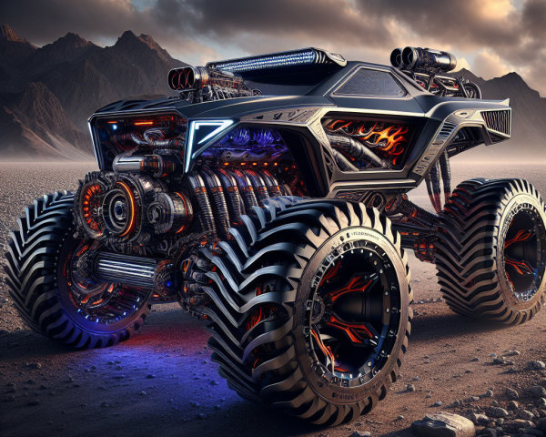 Futuristic monster truck in a rugged mountain setting