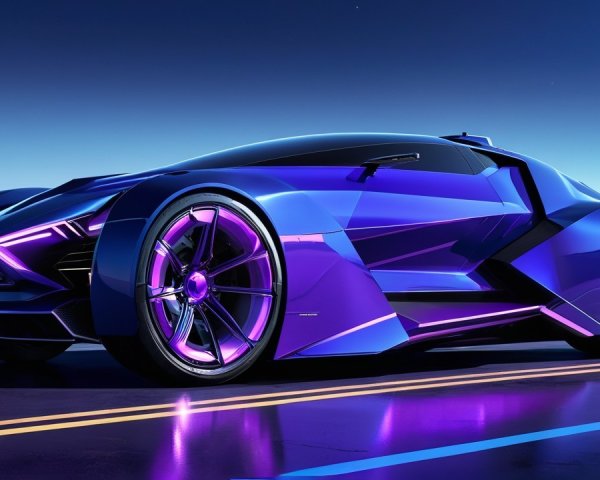 Futuristic sports car with sleek design and sunset backdrop
