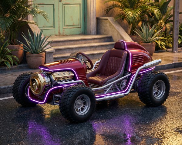 Custom-Built Maroon Low Rider Dragster at Night